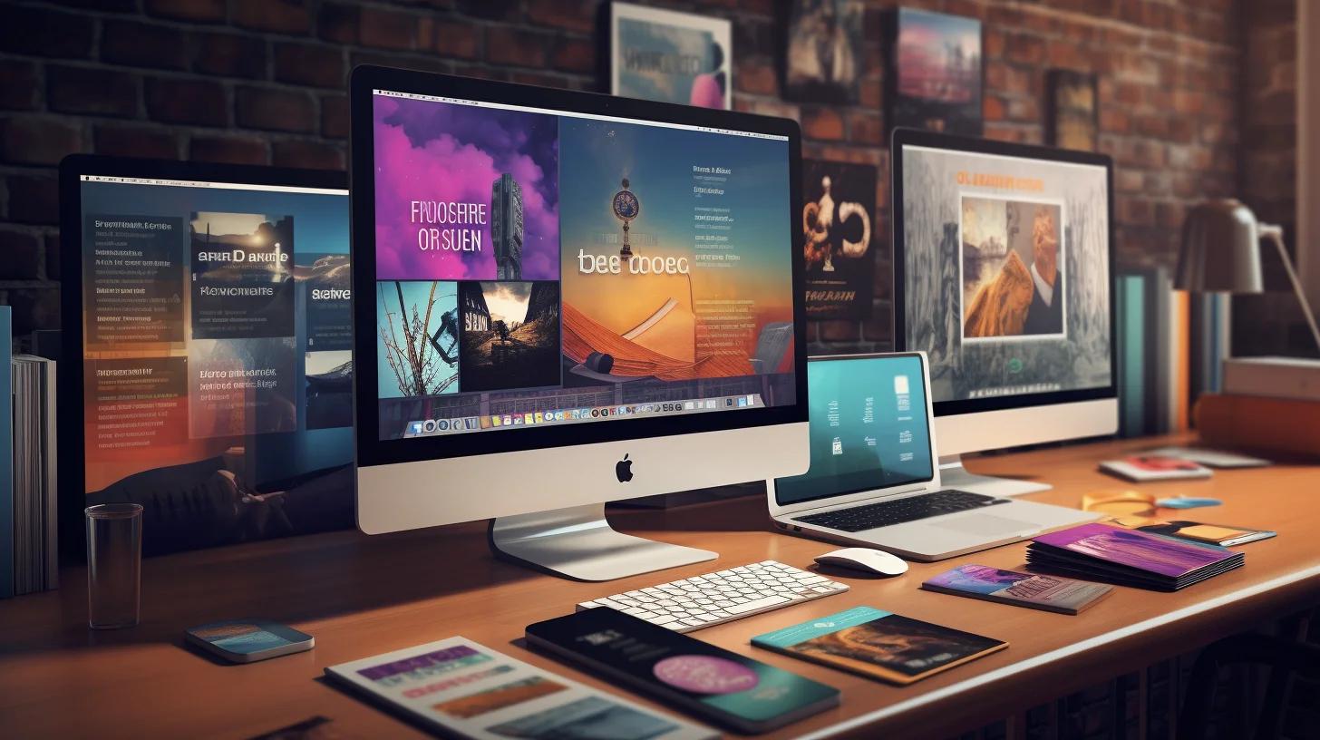 A creative workspace displaying multiple website designs on screens, tablets, and printed materials arranged on a wooden desk with warm studio lighting.