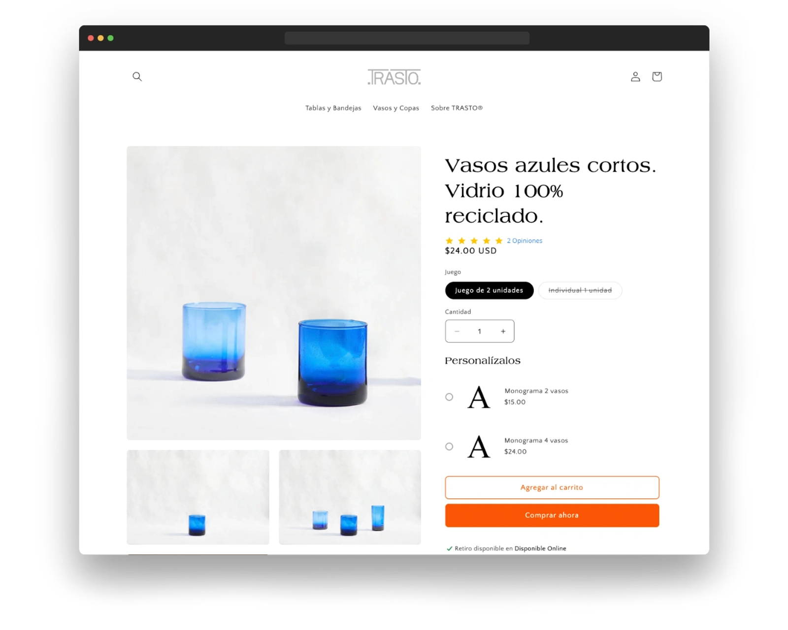 A custom website product page displaying blue recycled glass vases with pricing, personalization options, and purchase controls, designed by Dancing Pels.