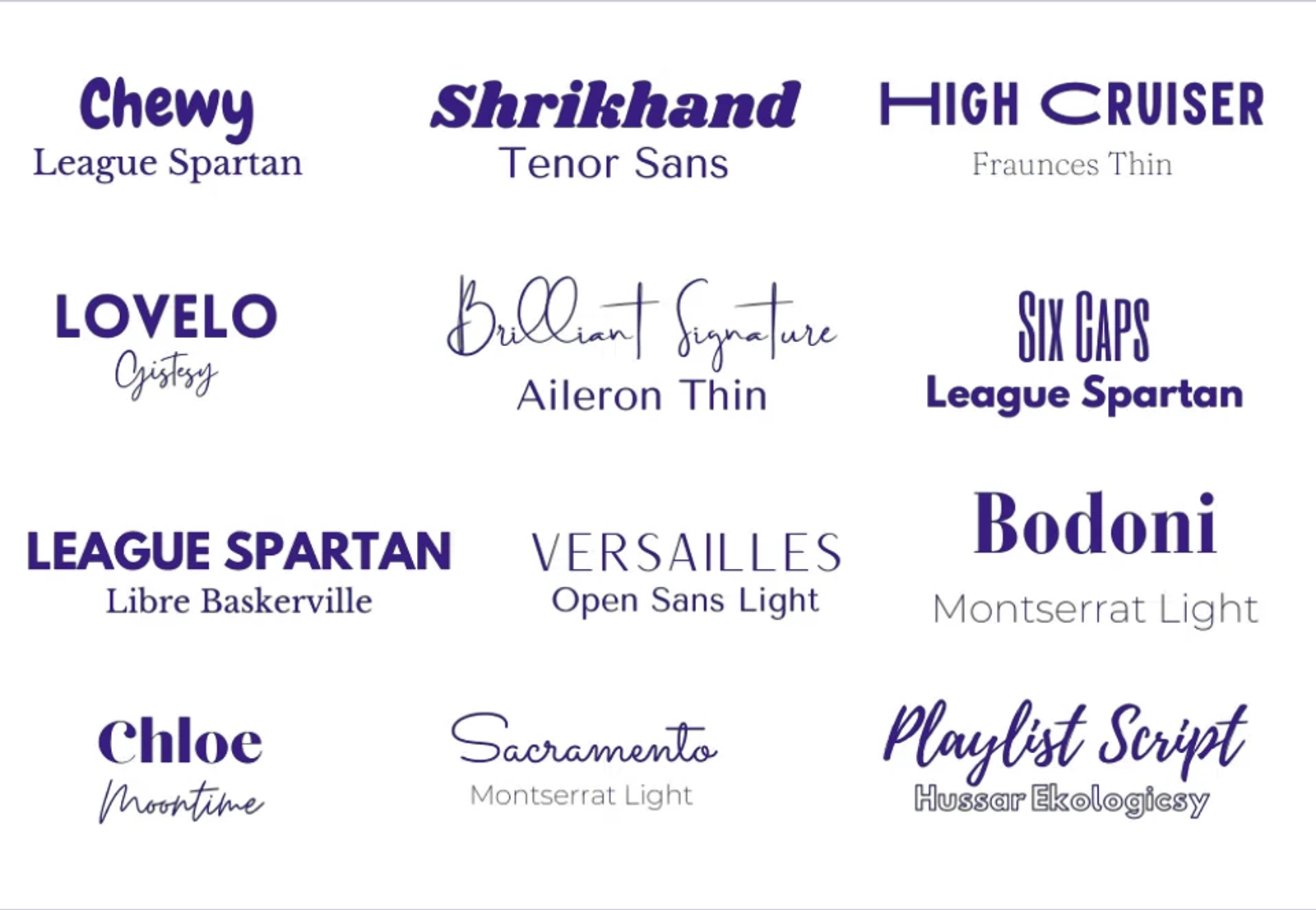 A curated display of typeface pairings and font families used in Dancing Pels custom website designs.