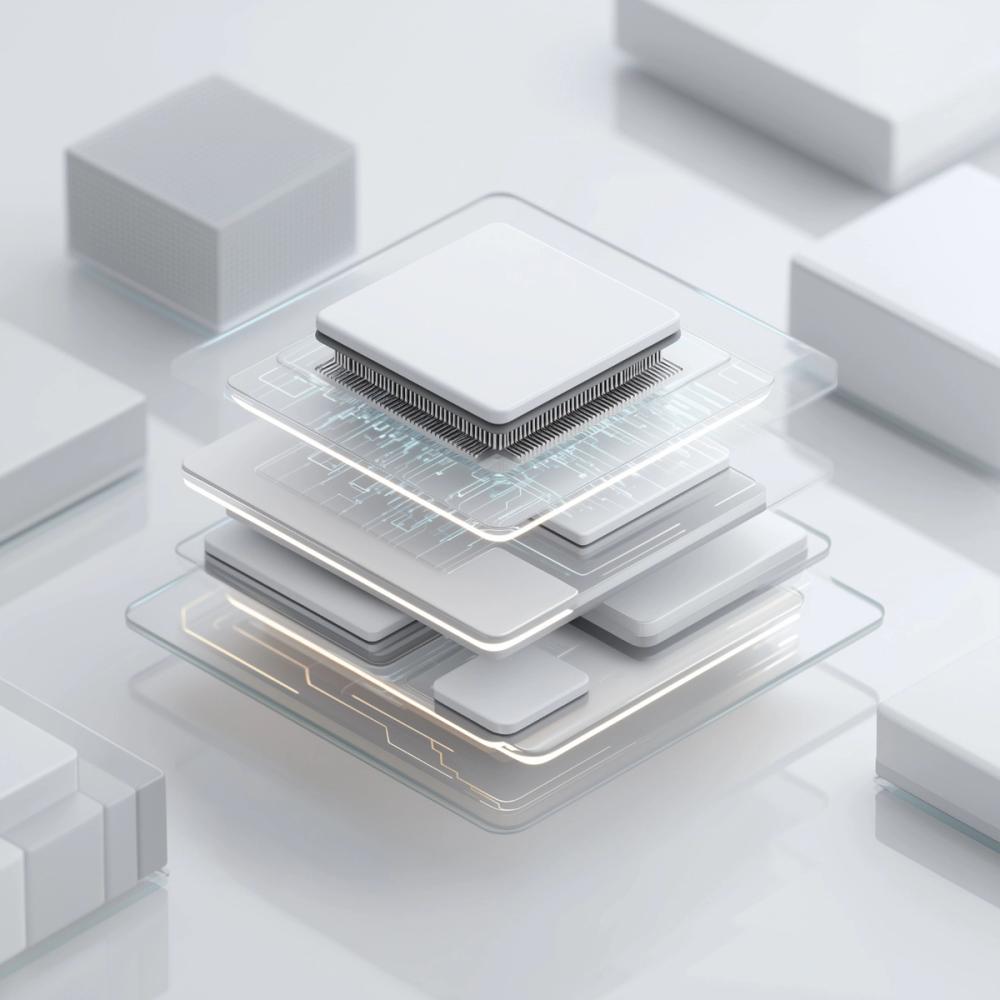 Layered transparent technical components with a processor chip at center, representing the architecture of AI systems that Dancing Pels builds.