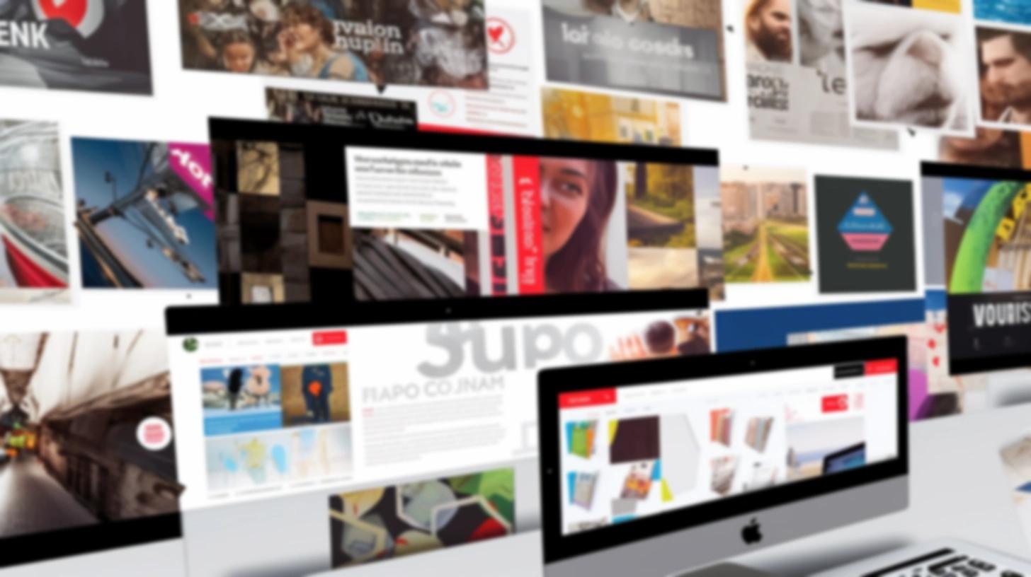 A collection of custom website designs displayed across multiple screens and printed layouts, showcasing diverse visual styles and branding work.