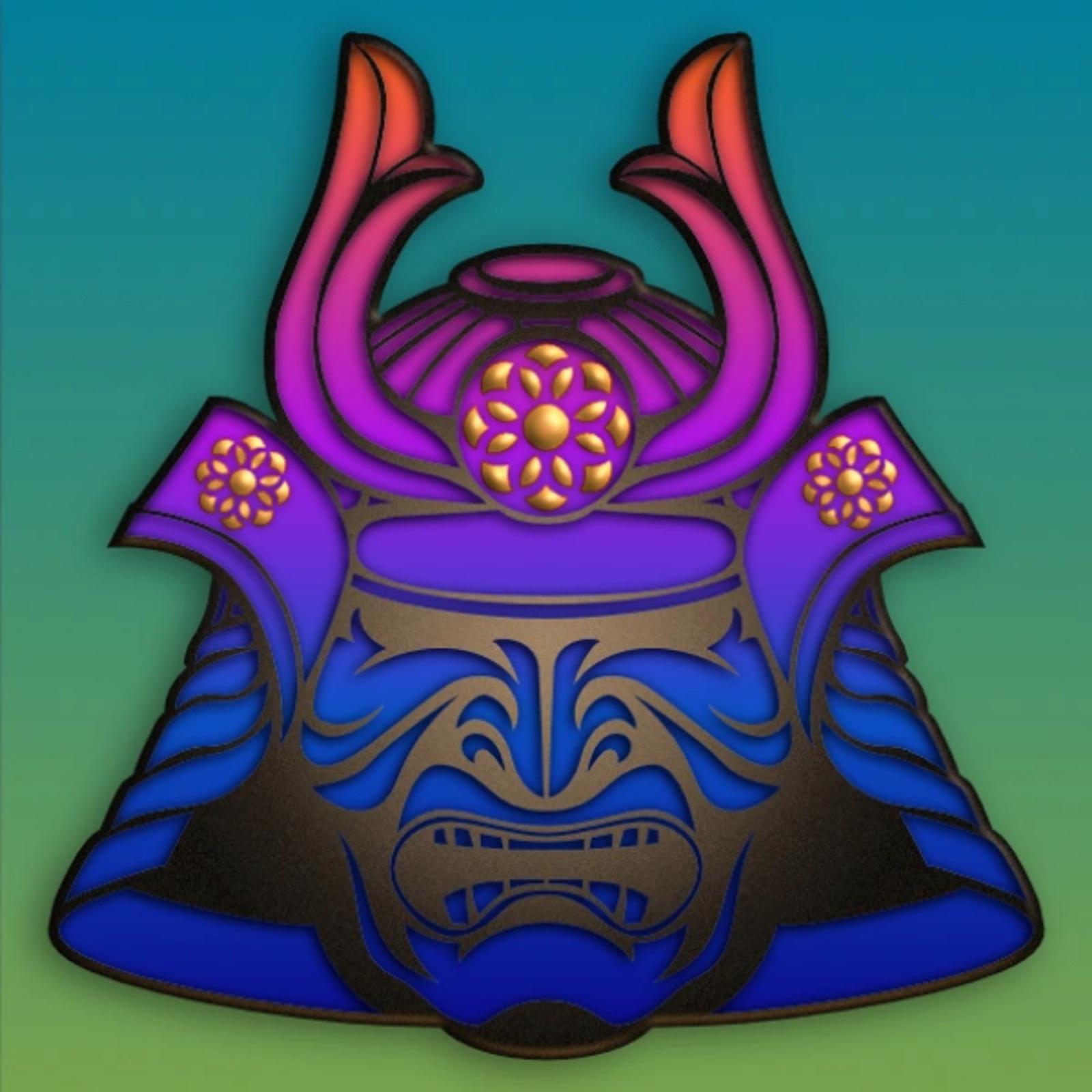 Colorful illustration of an ornate samurai-style mask with purple, blue, and gold details against a teal and green gradient background.