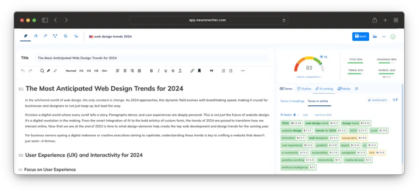 A browser window displaying an article about web design trends for 2024, featuring sections on UX and interactivity alongside a readability score and content analytics dashboard.