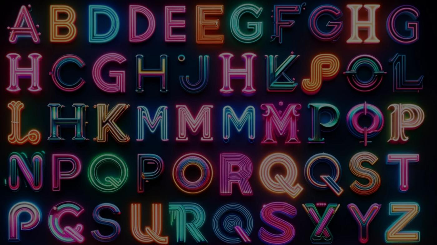 Colorful neon letters of the alphabet glowing against a dark background, showcasing vibrant typography for Dancing Pels design work.