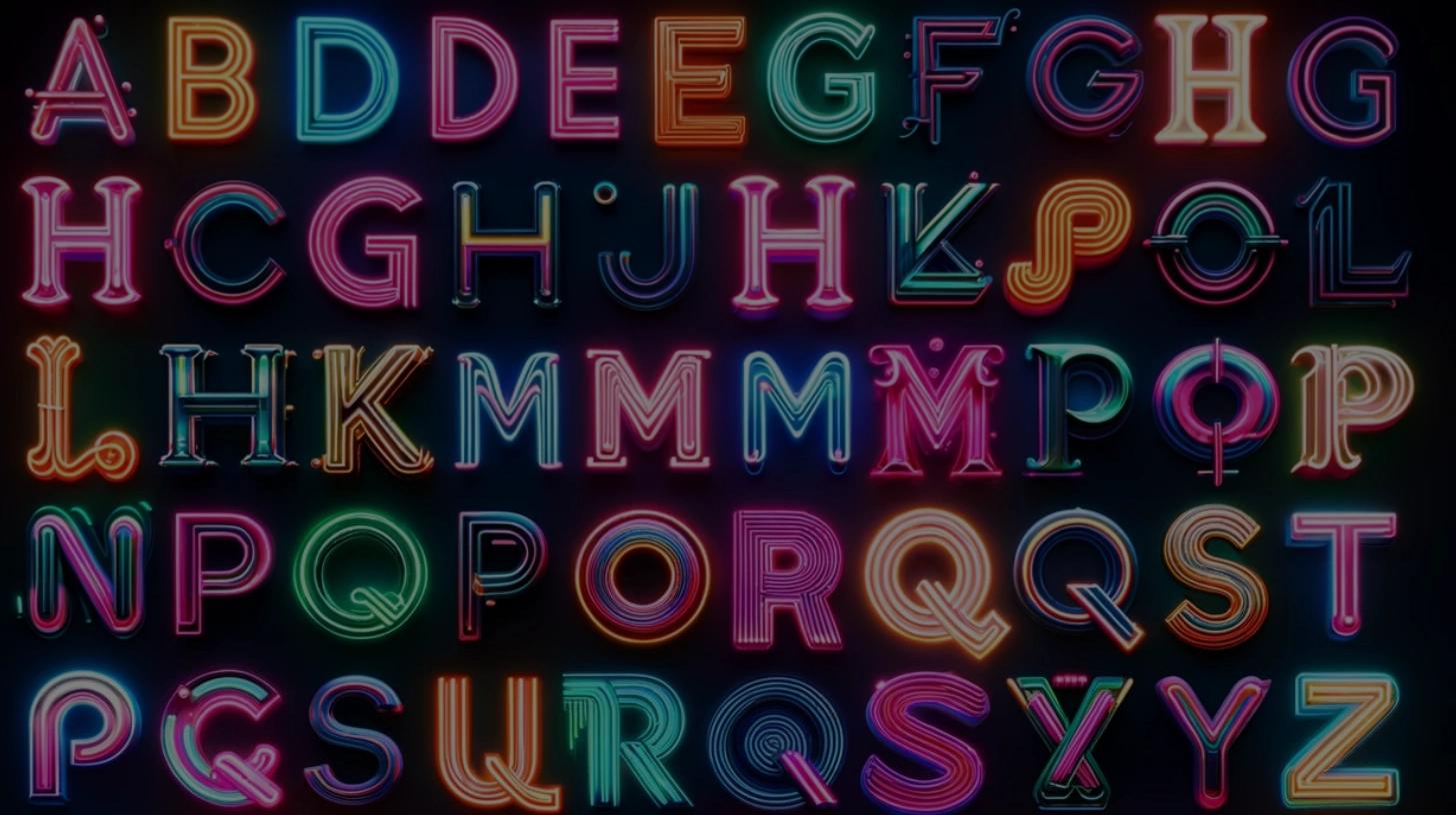 Colorful neon letters of the alphabet glowing against a dark background, showcasing vibrant typography for Dancing Pels design work.