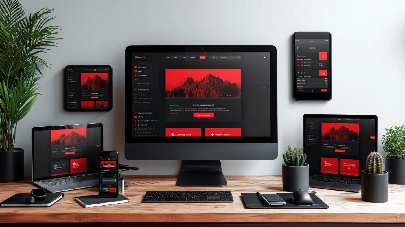 A responsive custom website design displayed across multiple devices including desktop monitor, laptop, tablet, and smartphone on a wooden workspace with plants.