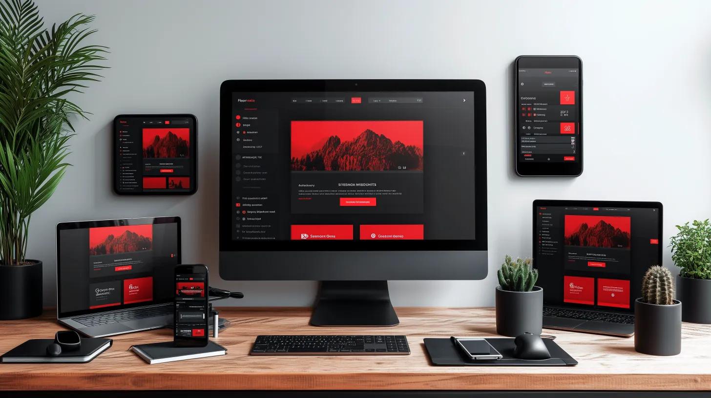 A responsive custom website design displayed across multiple devices including desktop monitor, laptop, tablet, and smartphone on a wooden workspace with plants.
