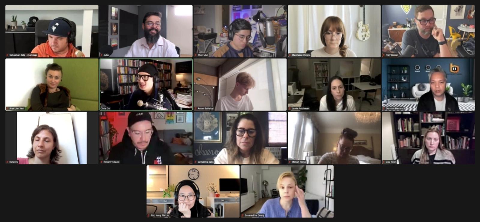 Dancing Pels team members on a video call, showing diverse group of people in home and office settings participating in a remote meeting.