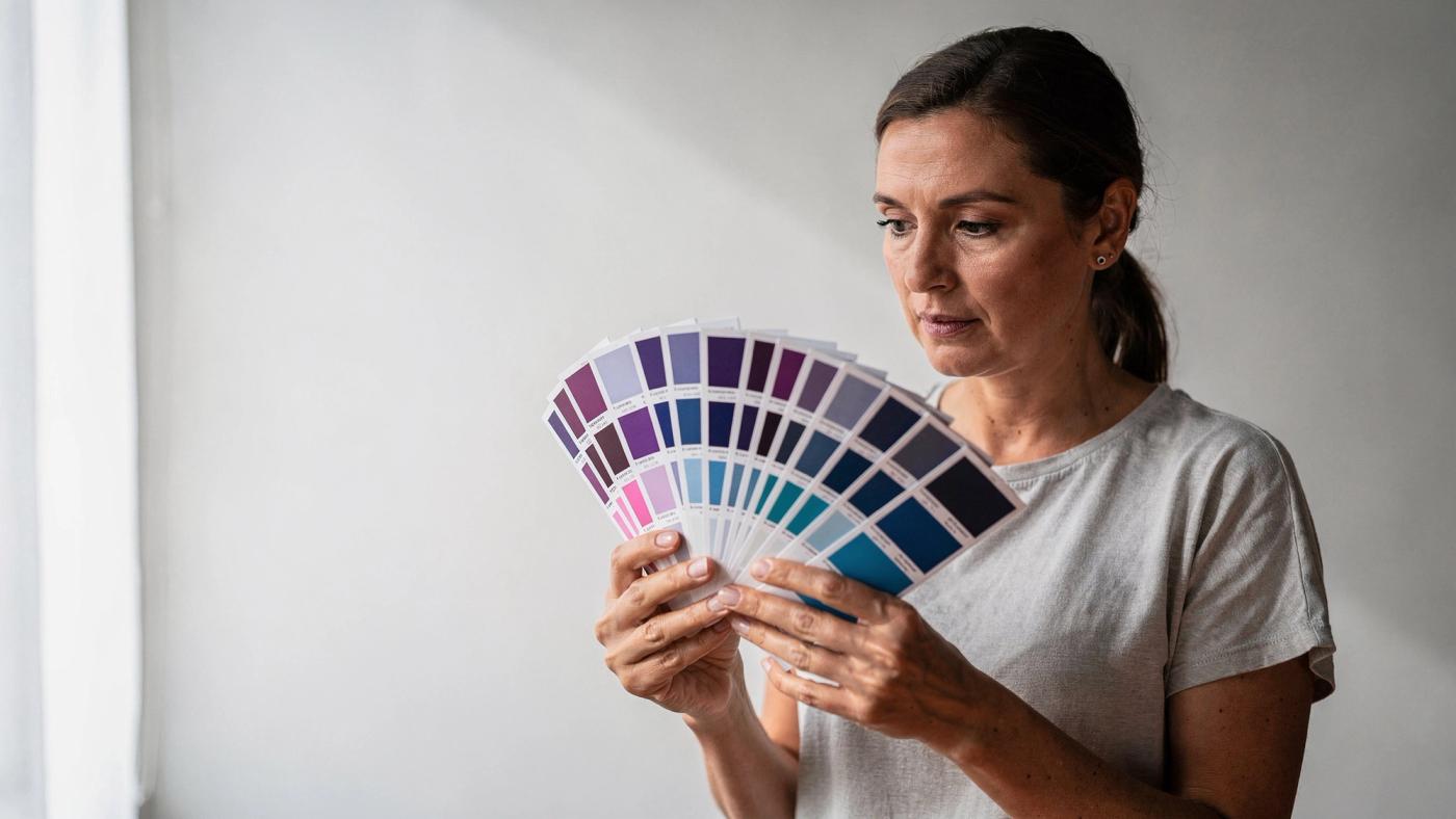 A woman holds a fan of printed colour swatch cards open in front of a white wall, running through violets and blues, and studies them.