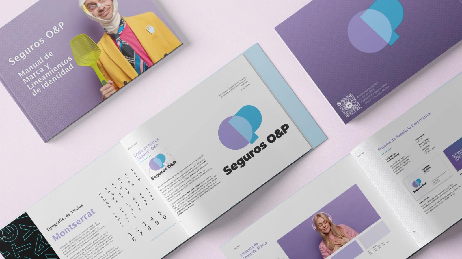 Branding materials for Seguros O&P featuring purple and blue geometric logo, branded guidelines, and marketing collateral layouts.