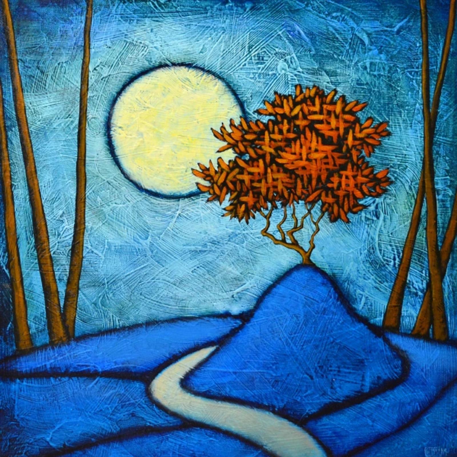 Abstract painting of a luminous tree under moonlight beside a winding blue path, representing direction and growth.