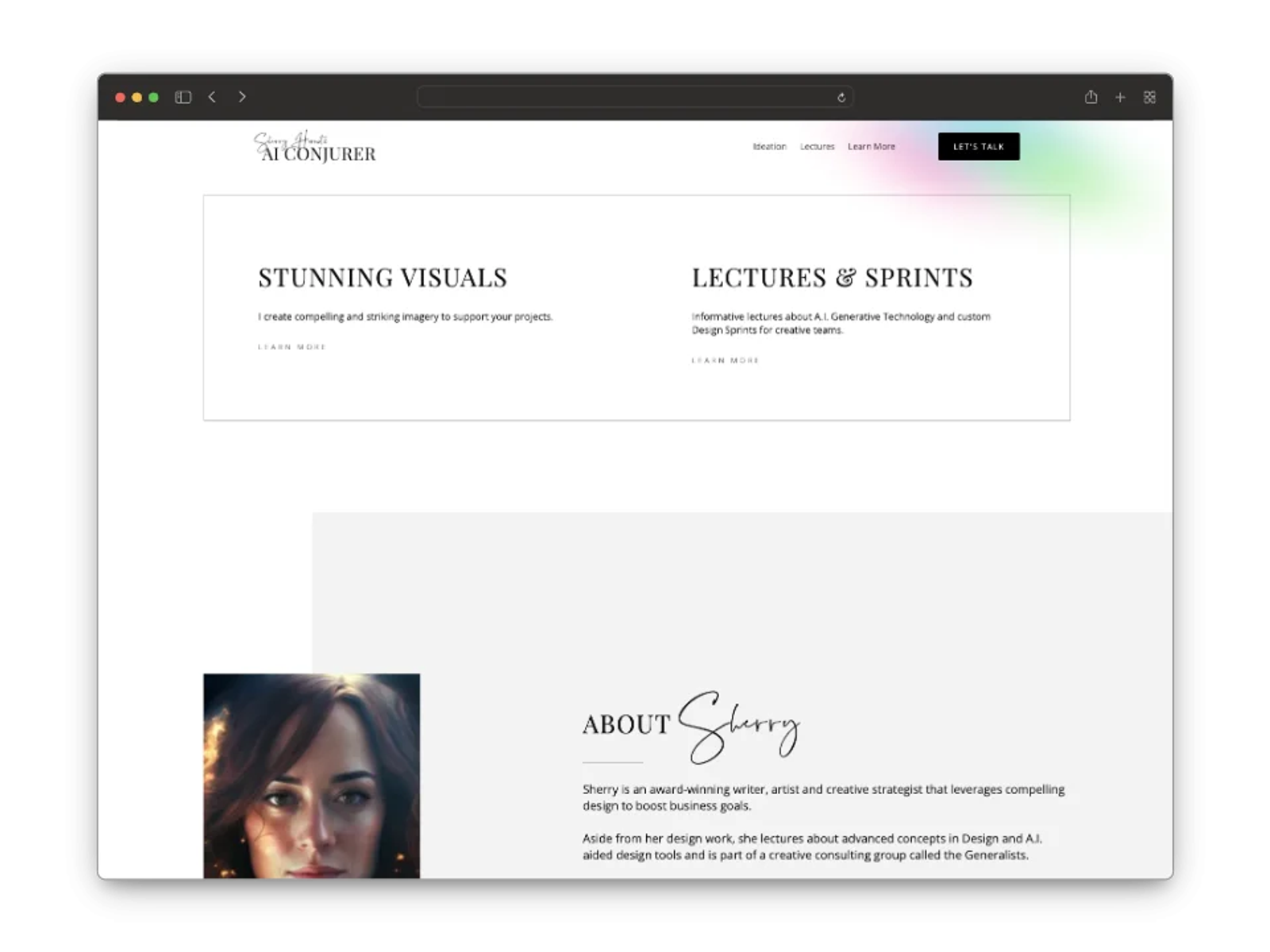 Dancing Pels custom website showcasing service offerings for stunning visuals and lectures with an about section and navigation menu.