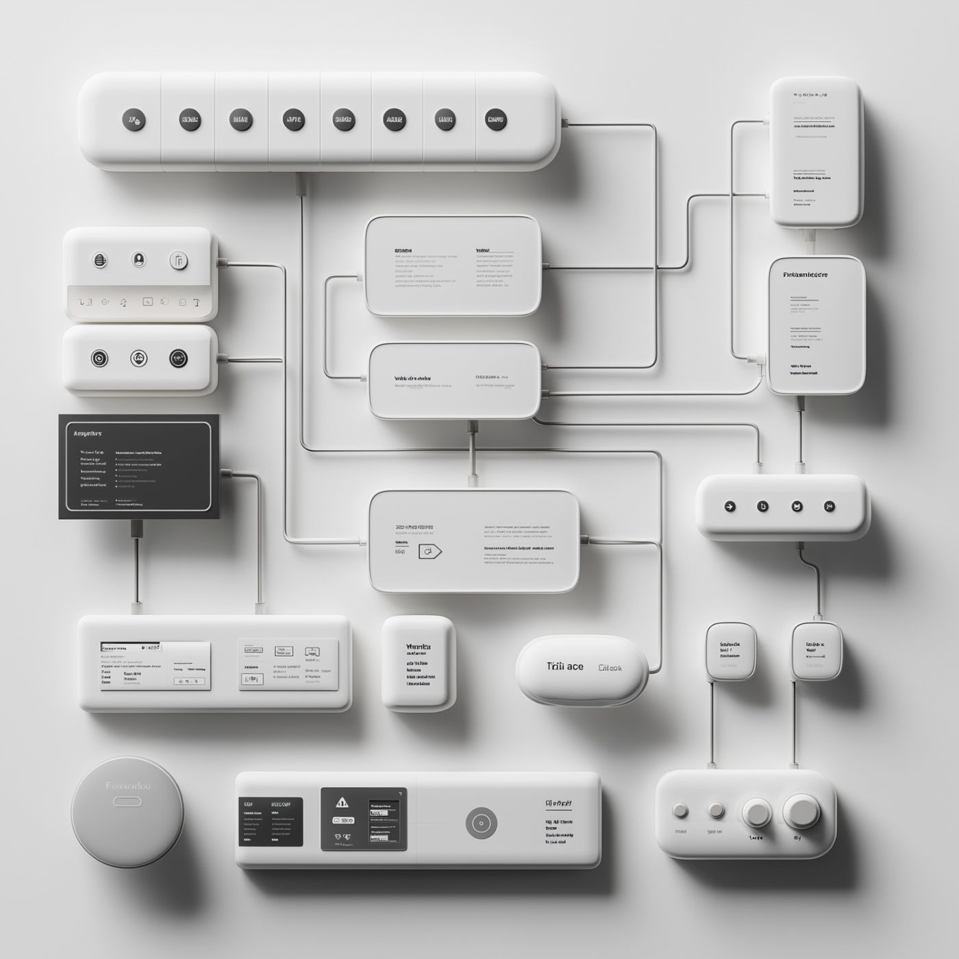 A complex system diagram showing interconnected white and black modules, buttons, and control panels arranged in a flowchart pattern, representing an AI systems architecture.