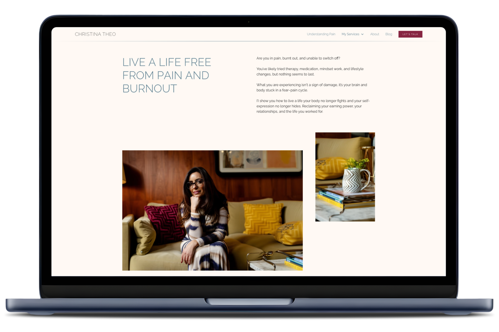 A laptop displays a wellness coach's website with the headline 'Live a Life Free From Pain and Burnout,' featuring a woman on a sofa and lifestyle imagery—an example of Dancing Pels custom website design.