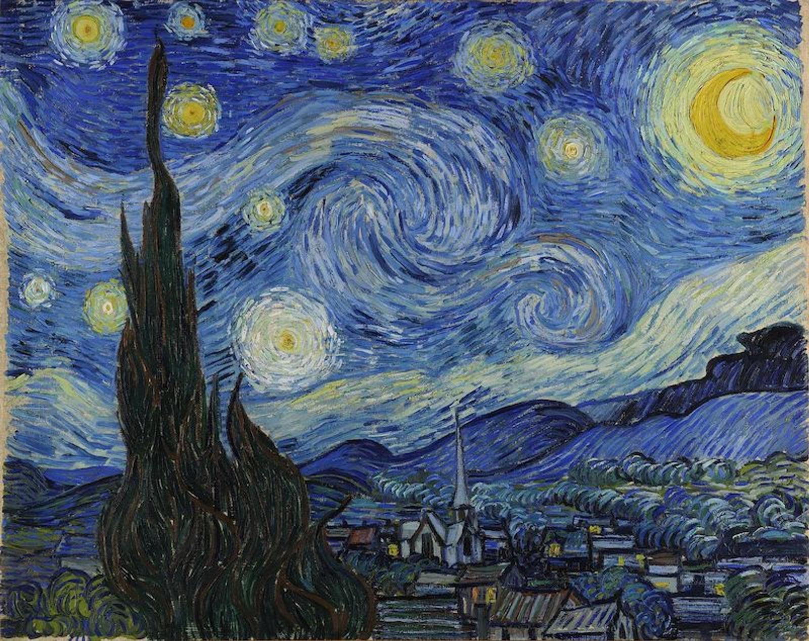 Van Gogh's Starry Night painting with swirling blue sky and yellow stars above a village, evoking creative inspiration for Dancing Pels' design work.
