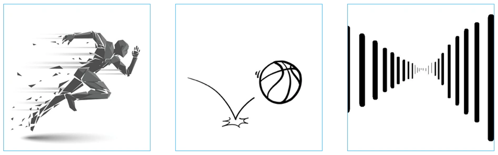 Abstract illustration of a figure in motion with dispersing particles, a bouncing basketball, and sound wave visualization representing dynamic growth and momentum.