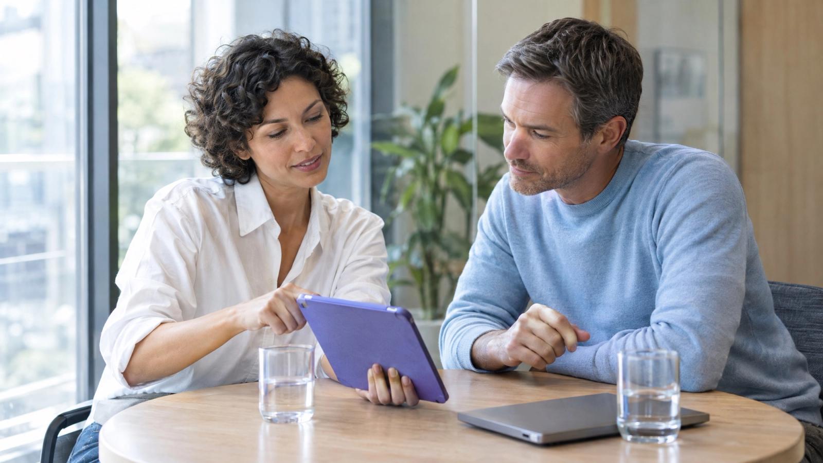 A woman with short curly hair in a white shirt points at a tablet in a violet case that she turns toward a man in a light blue sweater across a round wooden table, with two glasses of water and a closed laptop.