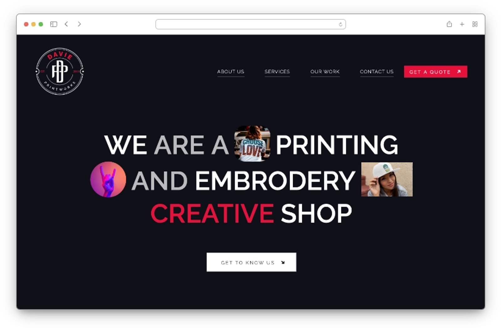 Dancing Pels website homepage displaying a dark design with navigation menu, bold typography, and a call-to-action button for a printing and embroidery business.