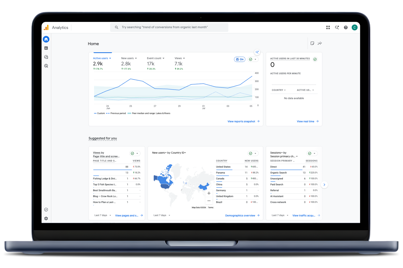 Analytics dashboard displaying website traffic metrics, user engagement data, and geographic visitor breakdown for a Dancing Pels growth marketing client.