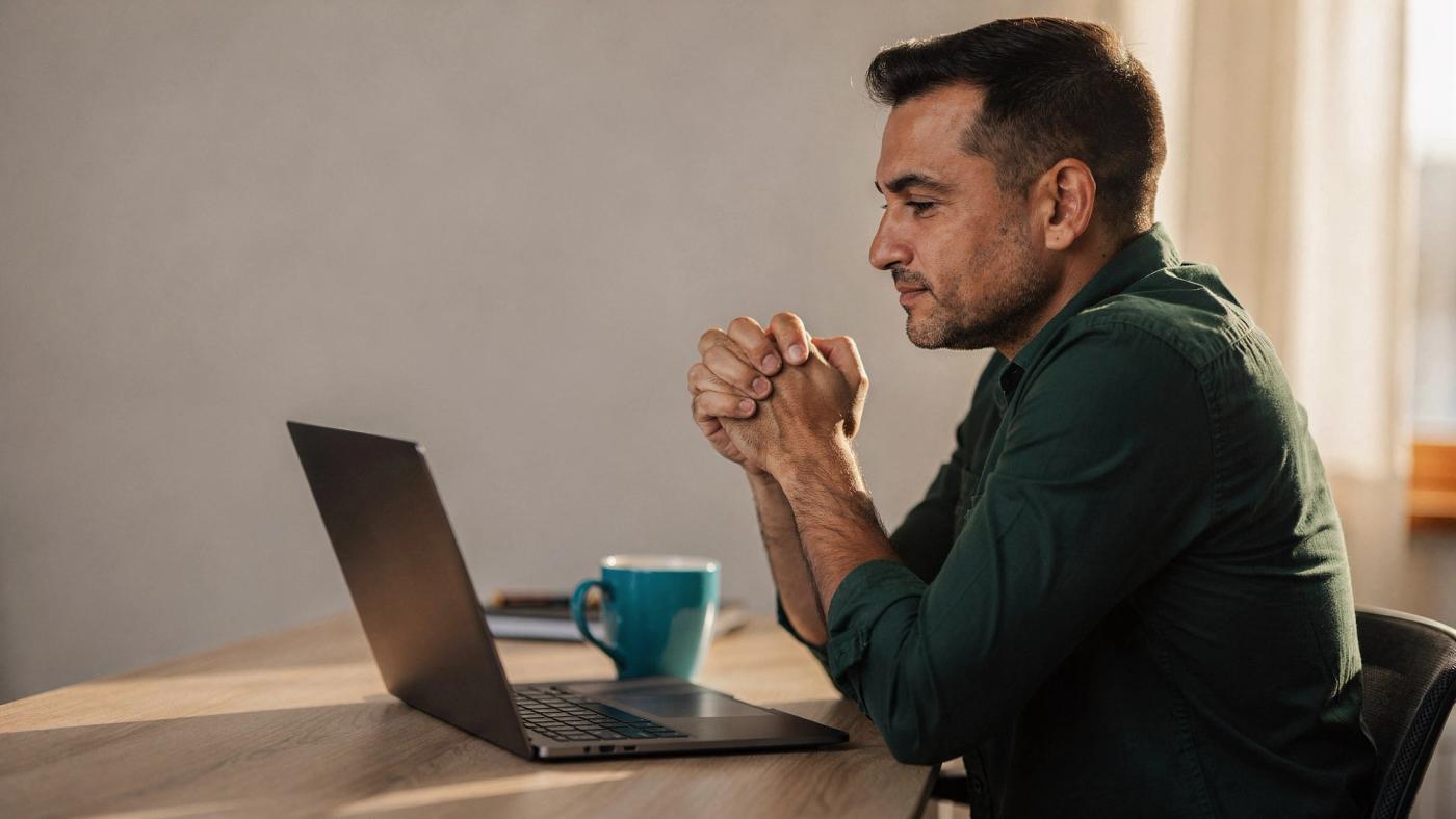 A man in a dark green shirt sits at a light wood desk with his fingers laced together, looking at a laptop screen that faces away from the camera.