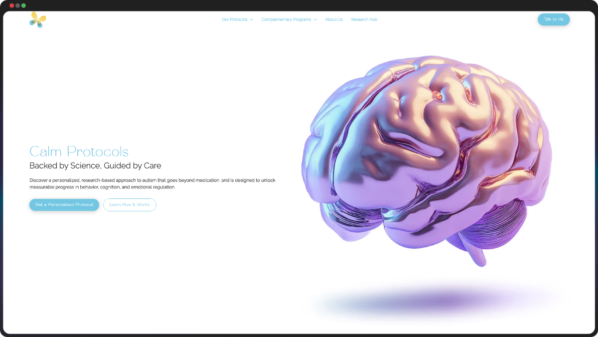 A custom website homepage for Calm Protocols featuring a glossy purple and blue brain illustration, designed by Dancing Pels.