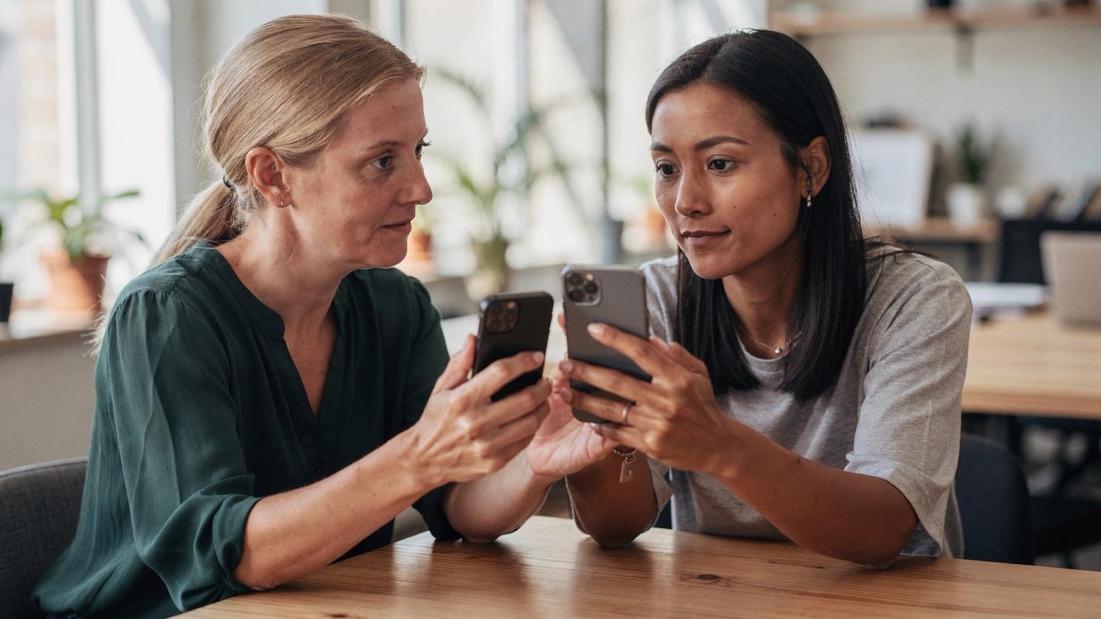 Dos mujeres sentadas lado a lado en una mesa de coworking sostienen sus teléfonos uno junto al otro; la rubia mira a su colega y la de pelo oscuro mira las dos pantallas con las cejas levantadas.