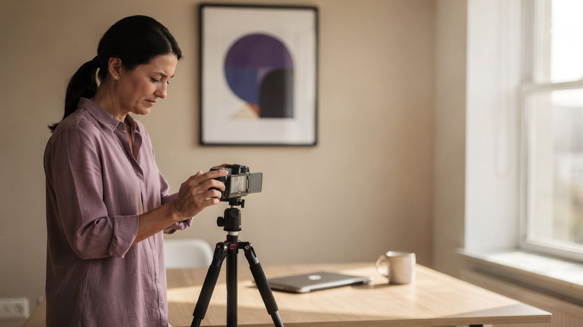 A woman in a lilac shirt stands beside a light wood table in her home office and checks the flip screen of a camera on a tripod before recording.