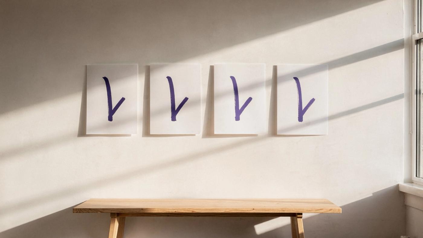 Four identical printed posters hang in an evenly spaced row along a warm white wall above a light wood bench, each showing the same violet brushstroke mark.