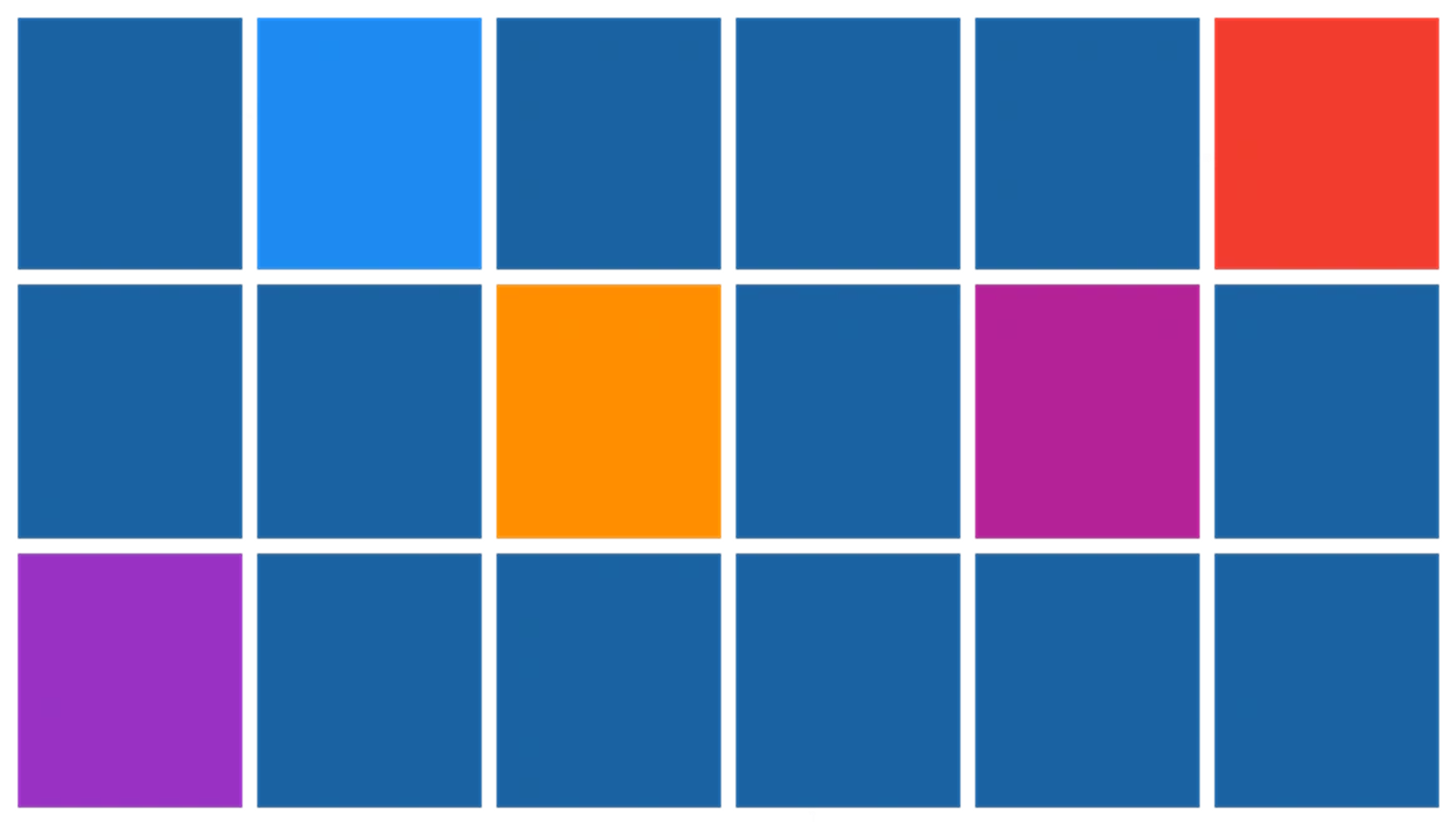 A grid of blue, red, orange, and purple colored squares representing Dancing Pels' brand color palette for website design.