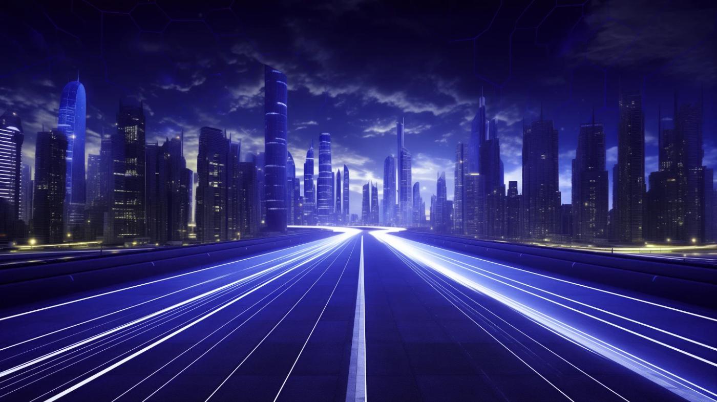 A high-speed highway stretching toward a glowing city skyline at night, symbolizing Dancing Pels' growth marketing momentum.