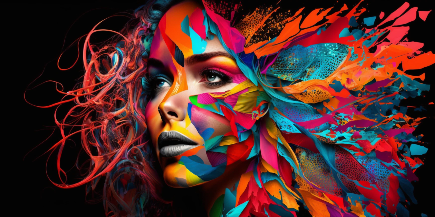 Vibrant digital art portrait with explosive multicolored paint effects illustrating creative design work.