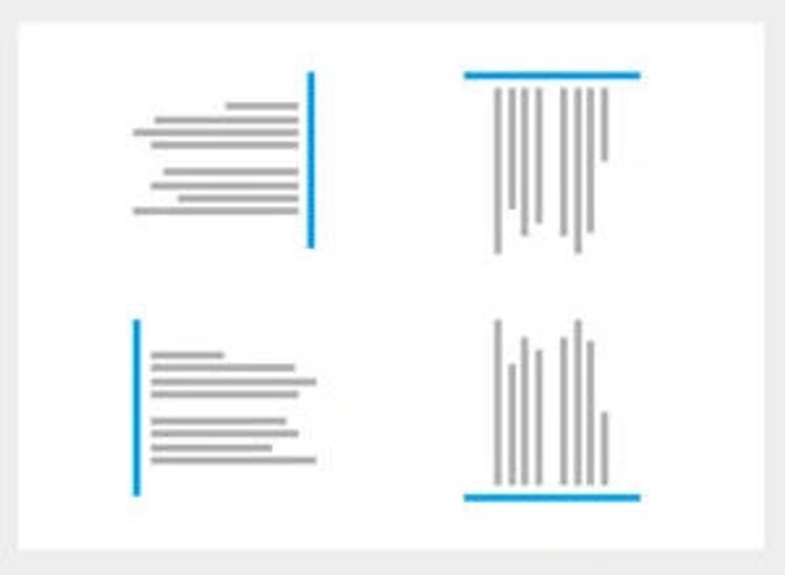Four different website layout wireframe designs with text blocks and visual elements in blue and gray.
