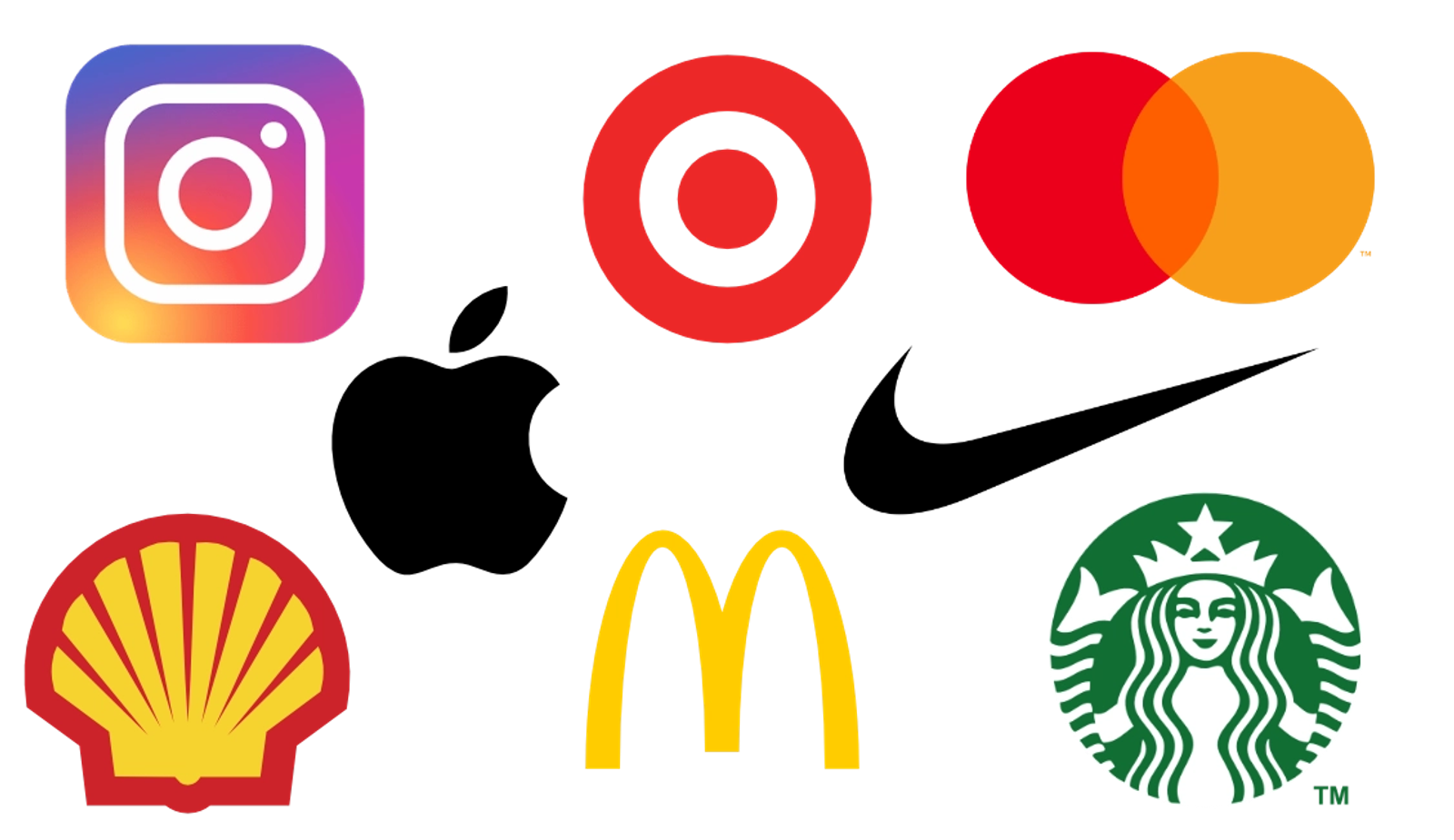 Collection of well-known brand logos including Instagram, Apple, Target, Mastercard, Nike, Shell, McDonald's, and Starbucks, representing the types of brands Dancing Pels helps with growth marketing strategies.