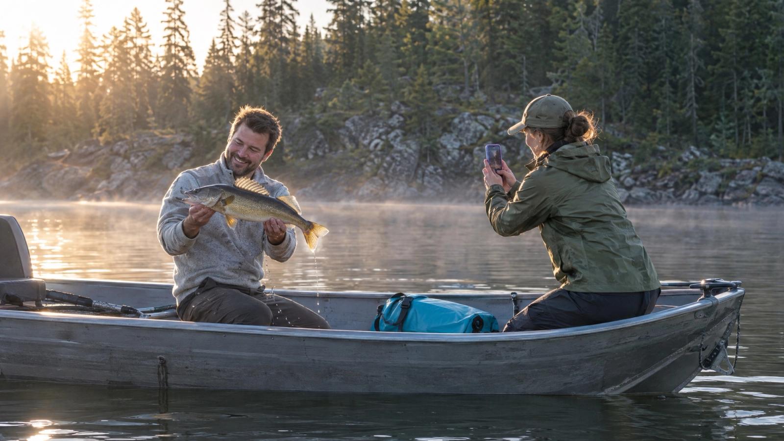 A man in a light grey fleece sits in an aluminum boat on a misty lake at sunrise holding up a walleye, while a woman in an olive rain jacket and cap photographs him with a phone in a violet case.