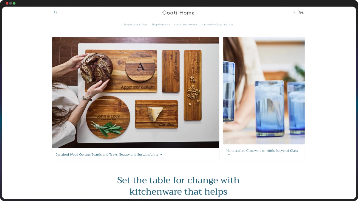 Coati Home website homepage displaying wooden cutting boards and recycled glass drinkware products with navigation menu and product categories.