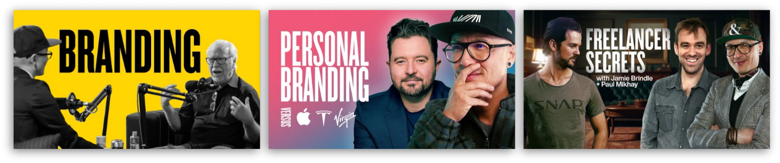 Three podcast and media projects featuring branding work by Dancing Pels for expert-led businesses and personal brands.