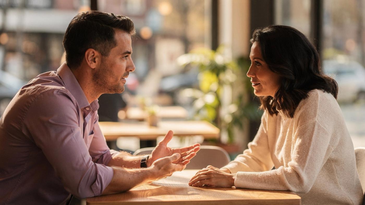 A man in a lilac shirt leans forward at a cafe table telling a woman in a cream knit top something, and she listens with one hand flat on the table, in warm afternoon light.