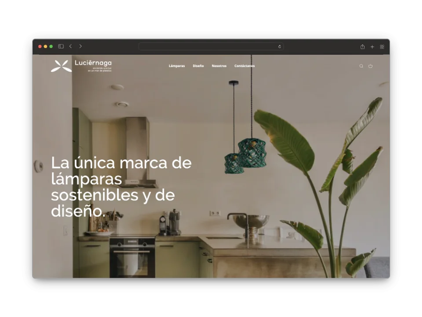 A modern kitchen website homepage featuring sustainable pendant lighting and potted plants, showcasing custom web design for a lighting brand.