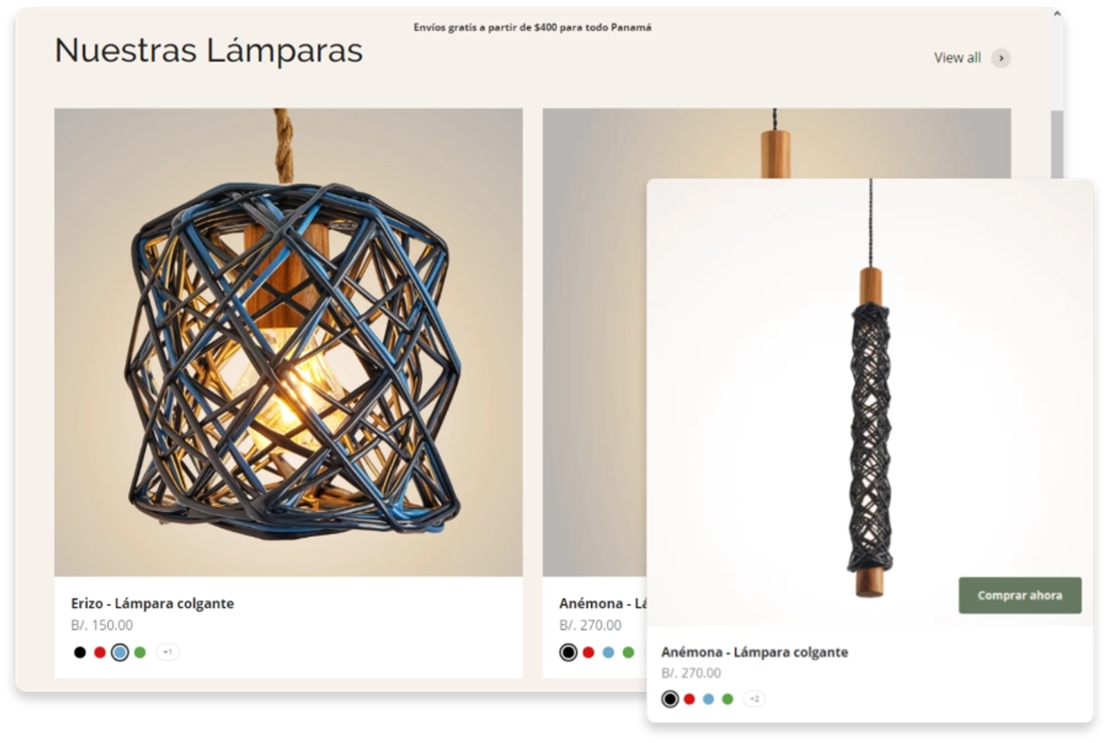 Dancing Pels custom website displaying a handcrafted lamp product catalog with color options and pricing details.