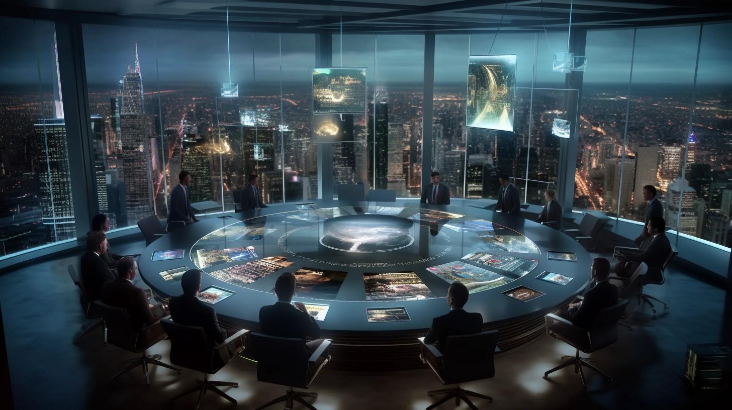 A team of professionals gathered around a circular conference table with an interactive display, overlooking a cityscape in a modern high-rise office.