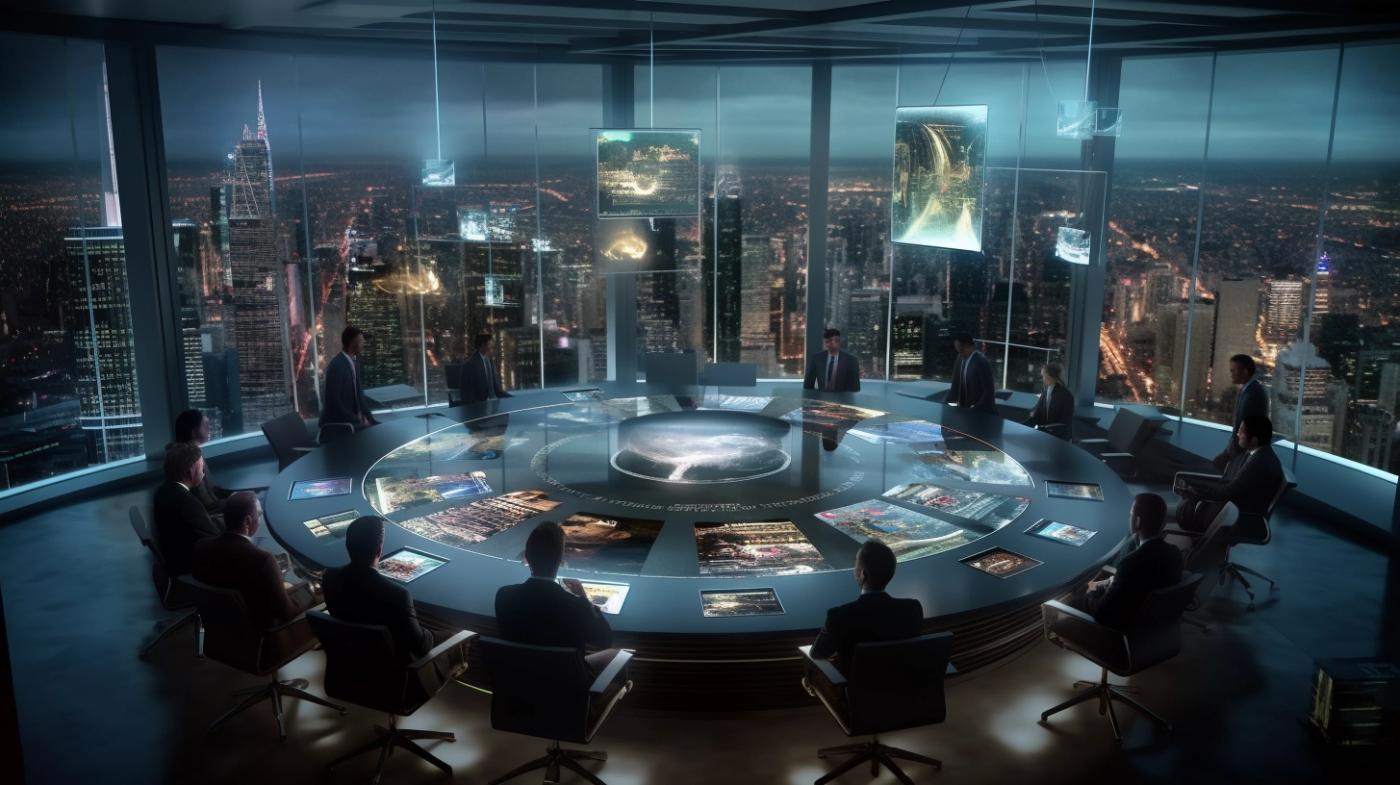 A team of professionals gathered around a circular conference table with an interactive display, overlooking a cityscape in a modern high-rise office.