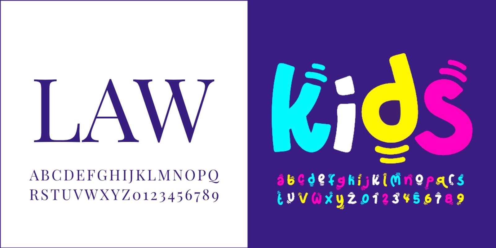 Two font designs side by side: a formal serif typeface labeled 'LAW' on the left, and a colorful playful typeface labeled 'kids' on the right, demonstrating Dancing Pels custom website design approach.