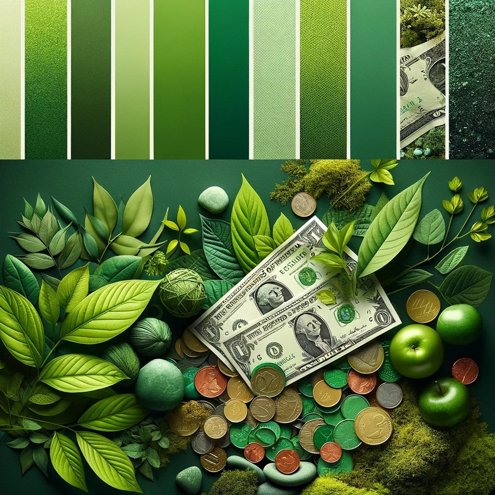 Flat lay composition with green leaves, currency, coins, and apples arranged on a teal background, representing growth and financial strategy for Dancing Pels marketing services.