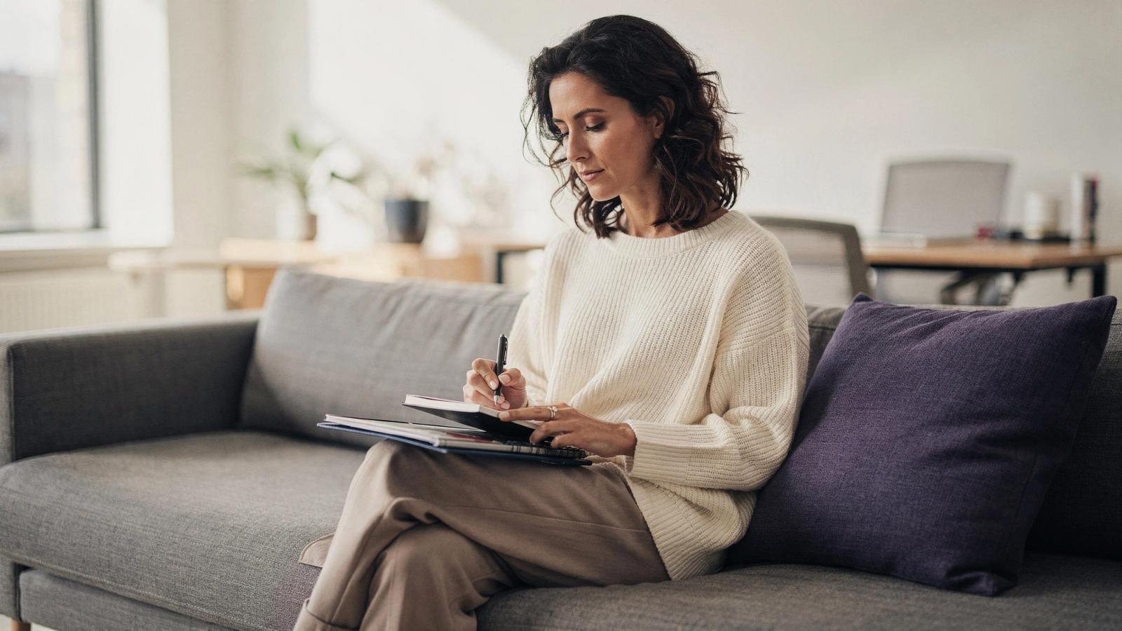 A woman in a cream knit sweater sits on a grey sofa writing in a notebook that rests on a tablet on her lap, a violet cushion beside her and daylight coming from a window behind.