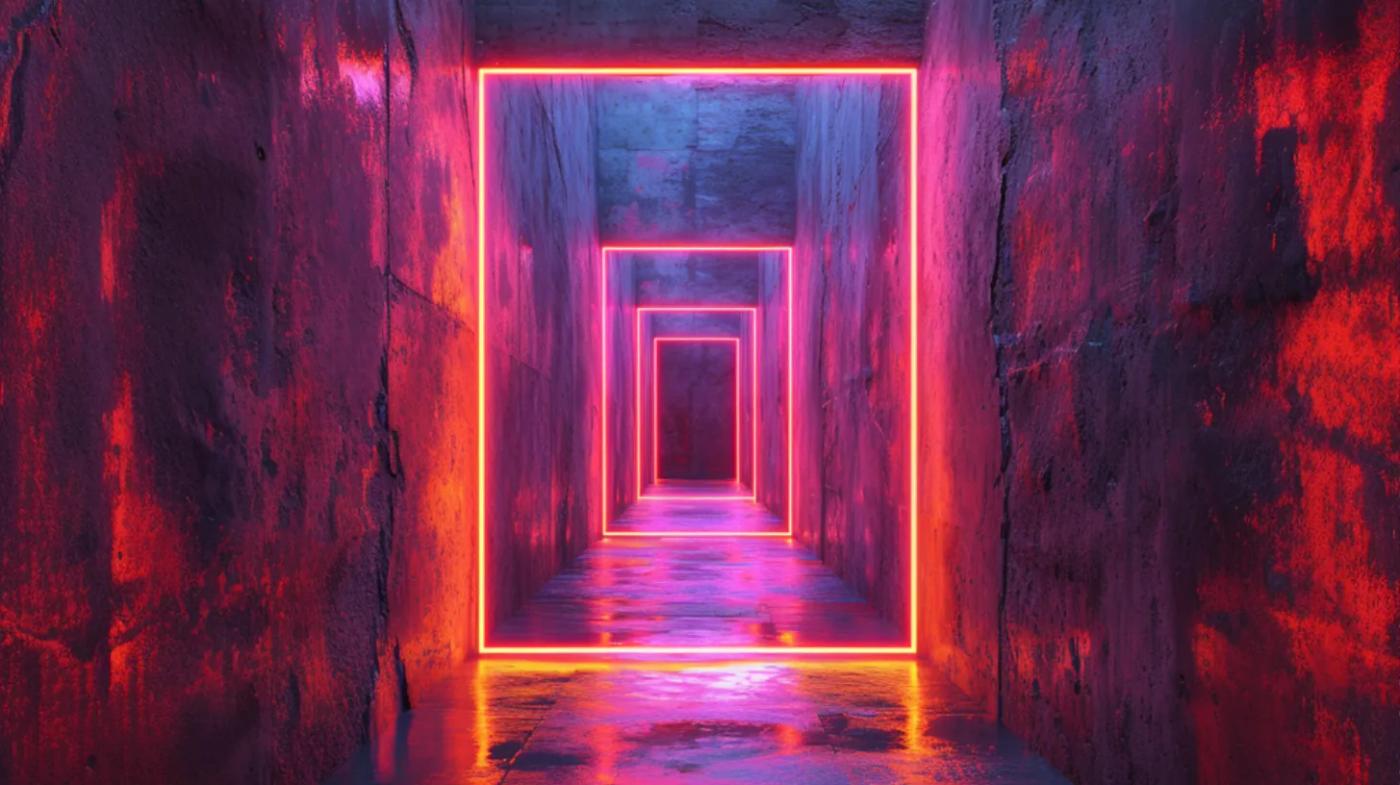 Neon-lit corridor with receding rectangular frames in pink and orange, symbolizing depth and forward momentum in technology.