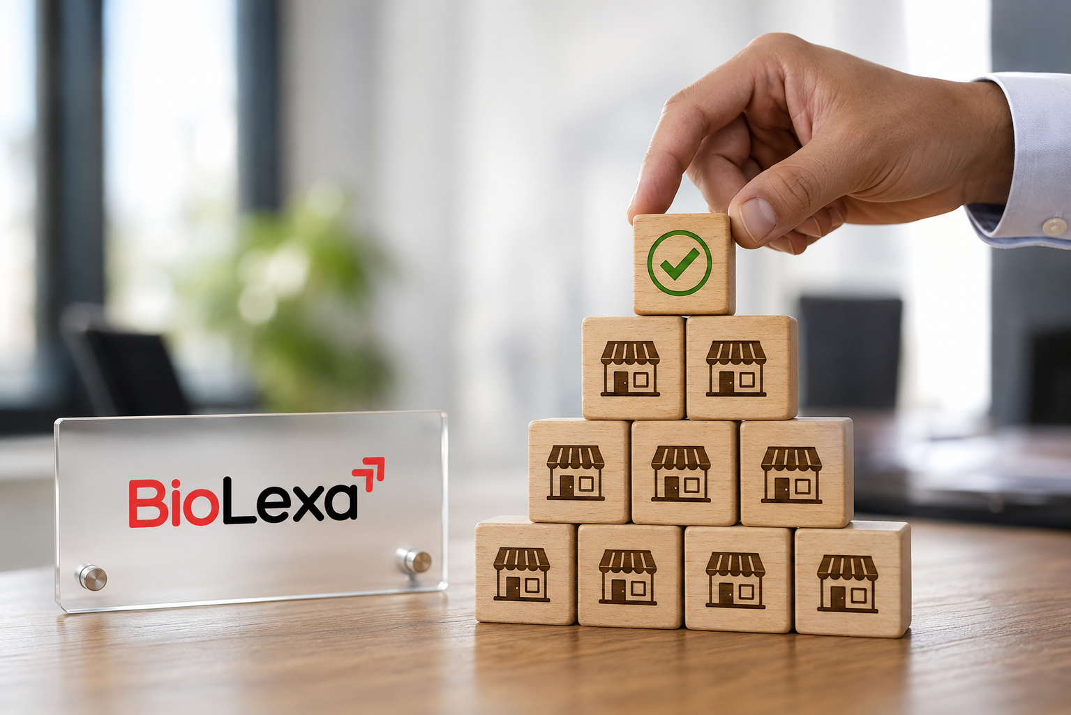 Business hand placing the final block on a franchise pyramid beside a Biolexa logo, symbolizing complete PCD franchise support.