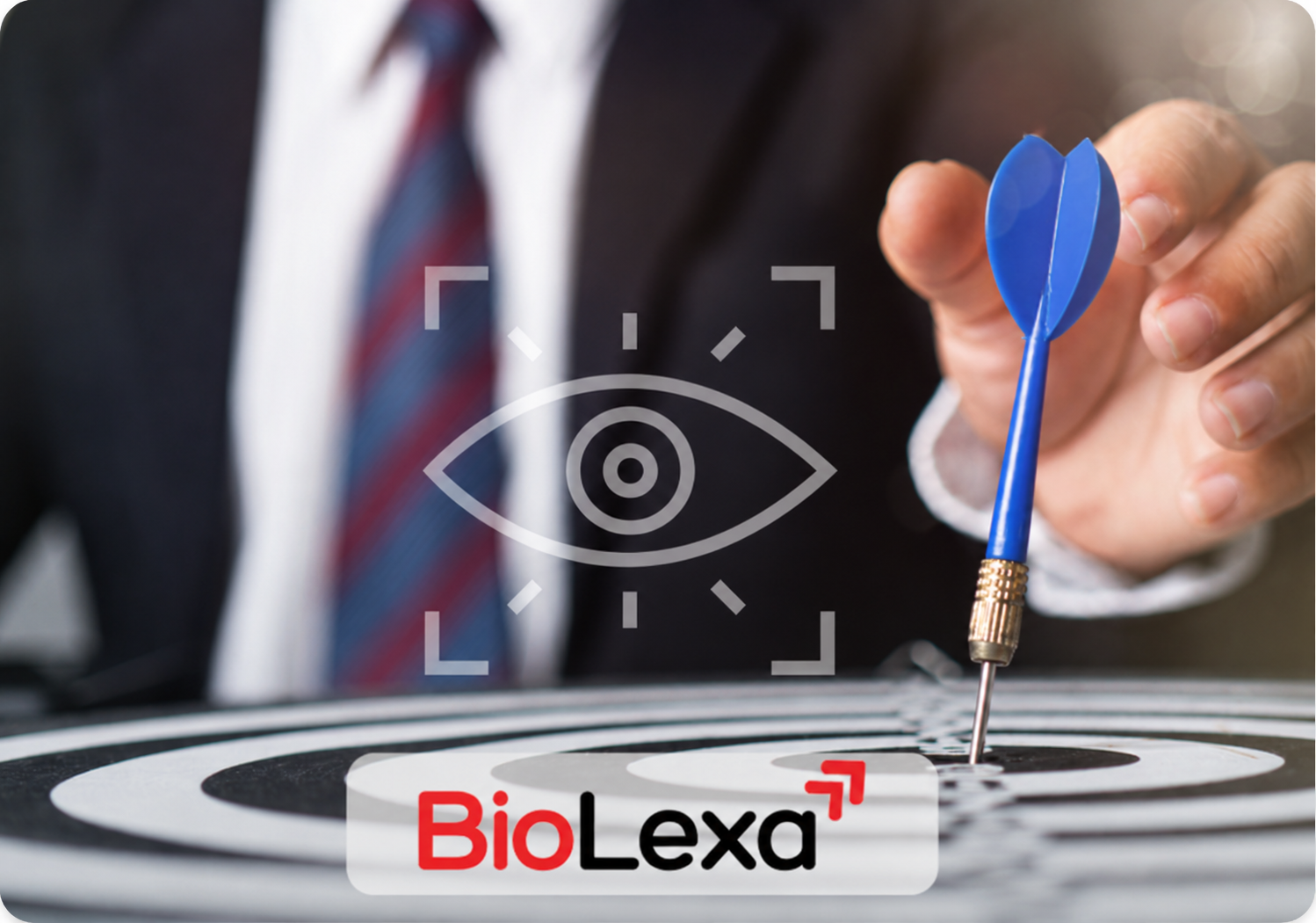 Business professional aiming a dart at the bullseye target, symbolizing Biolexa's precision, strategic vision, and commitment to delivering successful PCD pharma franchise opportunities across India.