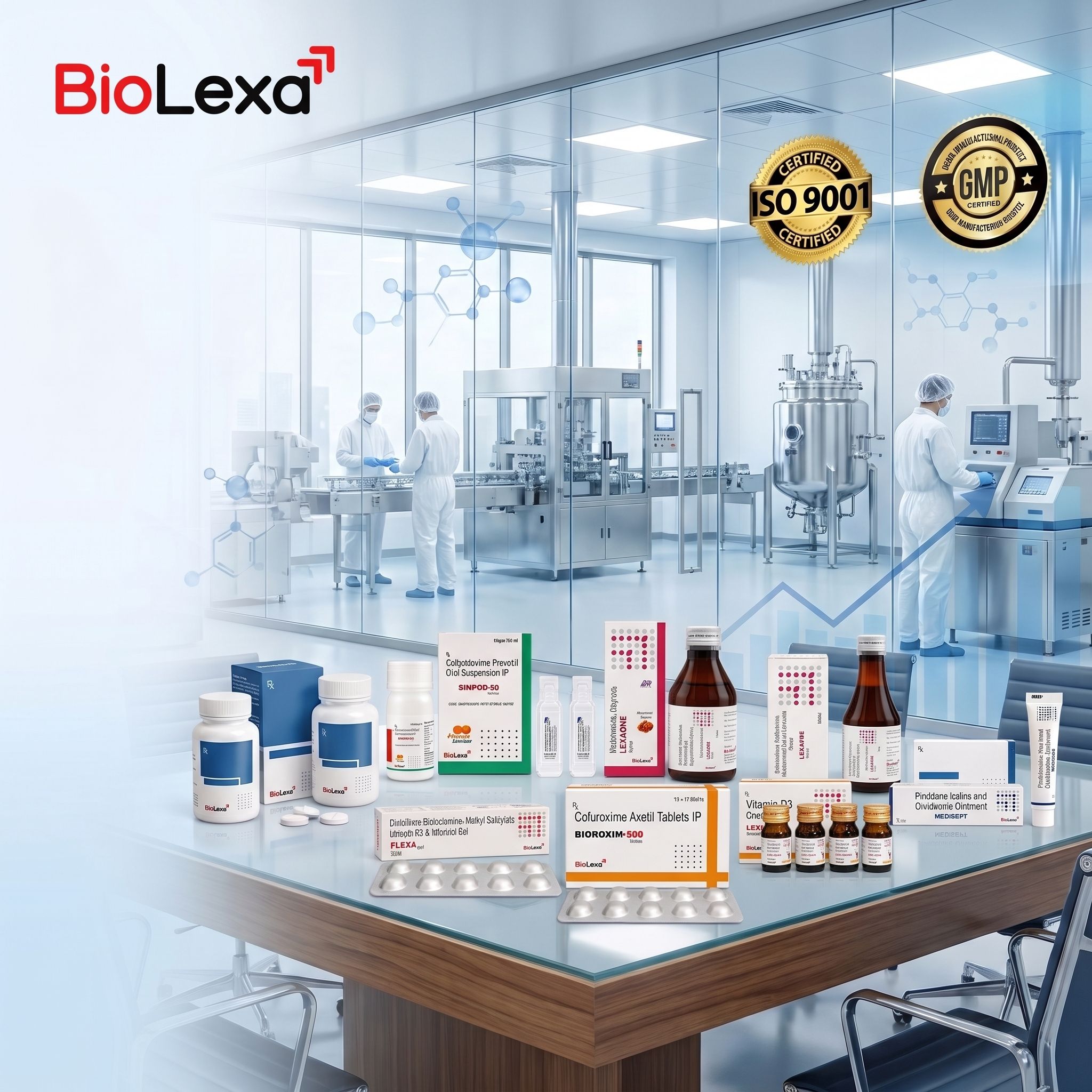 Biolexa manufacturing unit with products displayed on table and showing the badges of ISO and GMP.