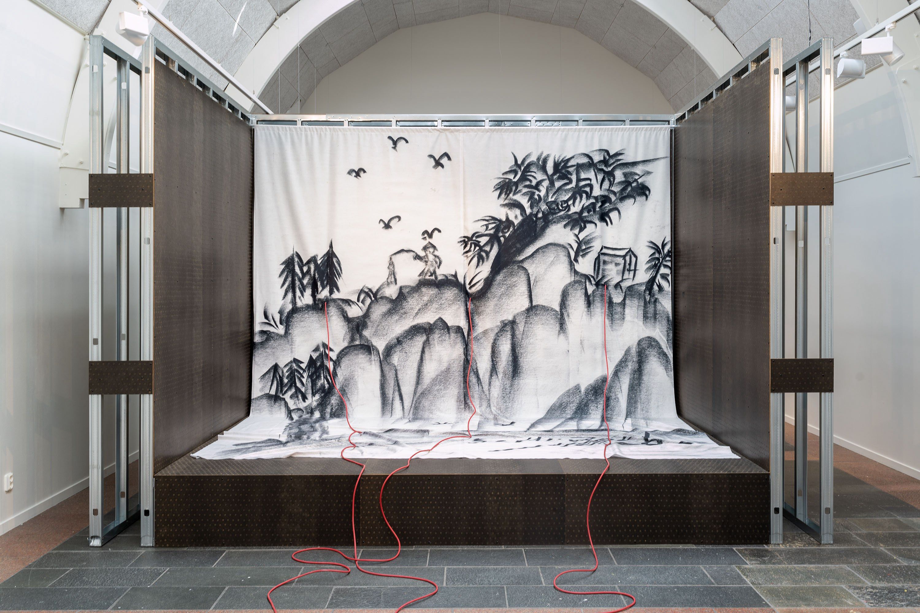 Install shot of Timeless , made in collaboration with Solveig Suess and commissioned by the 11th Göteborg International Biennial for Contemporary Art (GIBCA). Timeless explores the relationship between counterfeit, trade, and the haunted web of stolen power in Shakespeare’s Hamlet . Photo by Hendrik Zeitler.