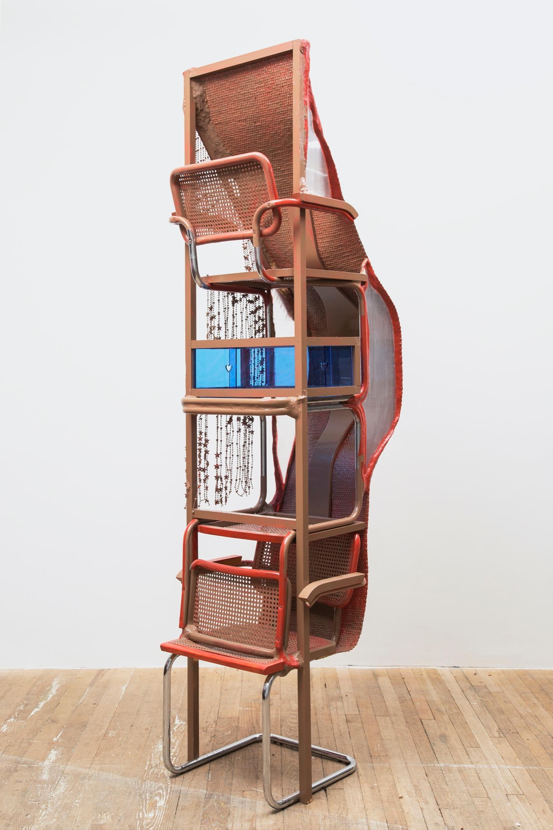 Jessi Reaves, Blue heart shelf, 2019. Wood and metal chairs, woven fabric, plexiglass, paint, plastic, sawdust, wood glue 96 × 21 × 30 in. (243.84 × 53.34 × 76.20 cm) Courtesy the artist and Bridget Donahue, NYC. Photo: Gregory Carideo